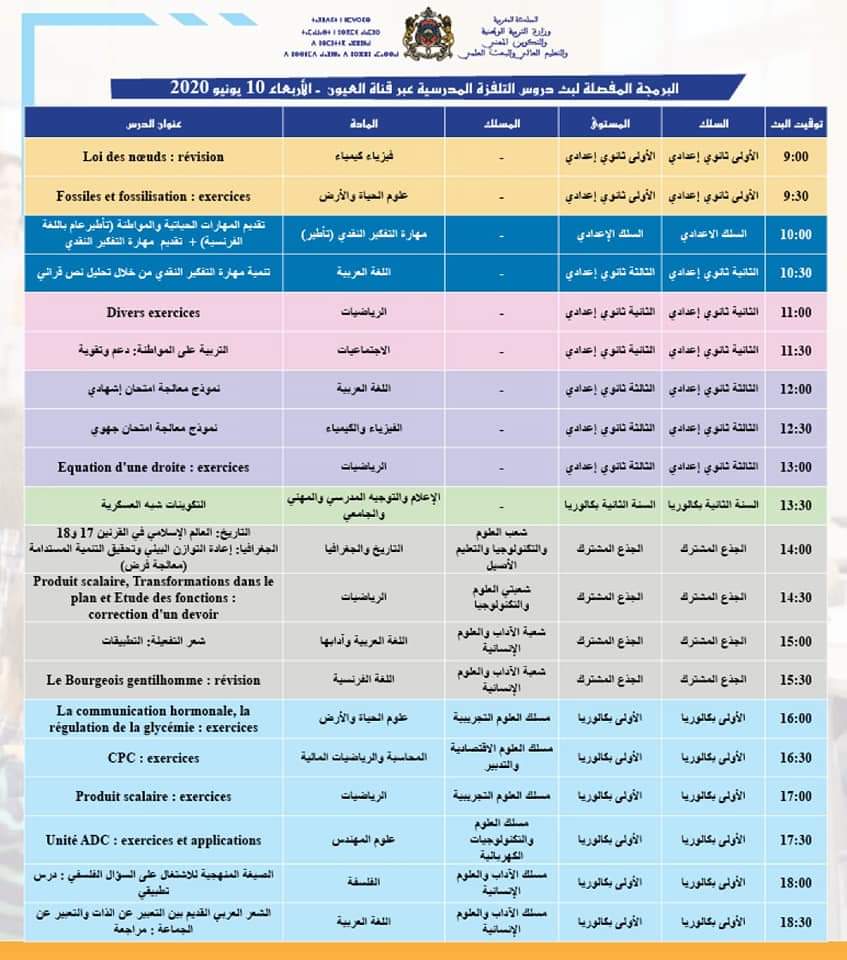 دروس التلفزة المدرسية ليوم الاربعاء 10 يونيو  Laformation.ma