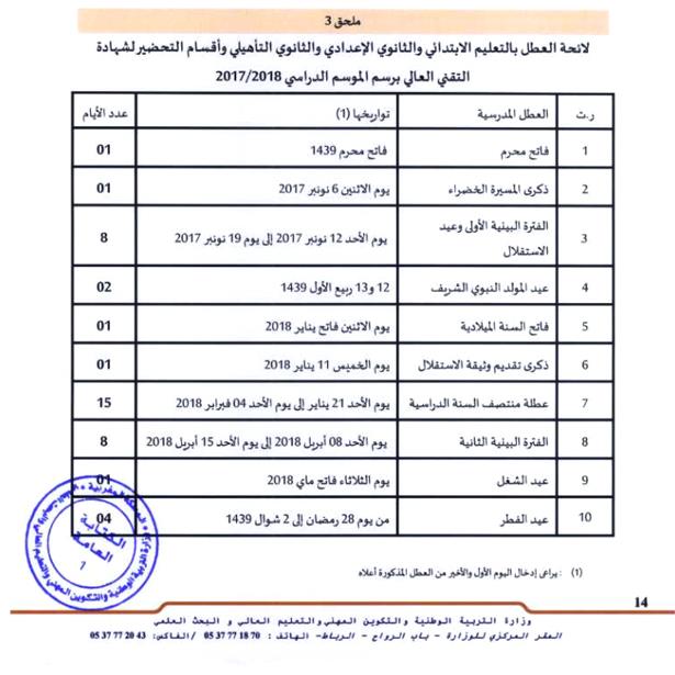 اللائحة الرسمية للعطل المدرسية 2017 -2018 بعد توحيدها